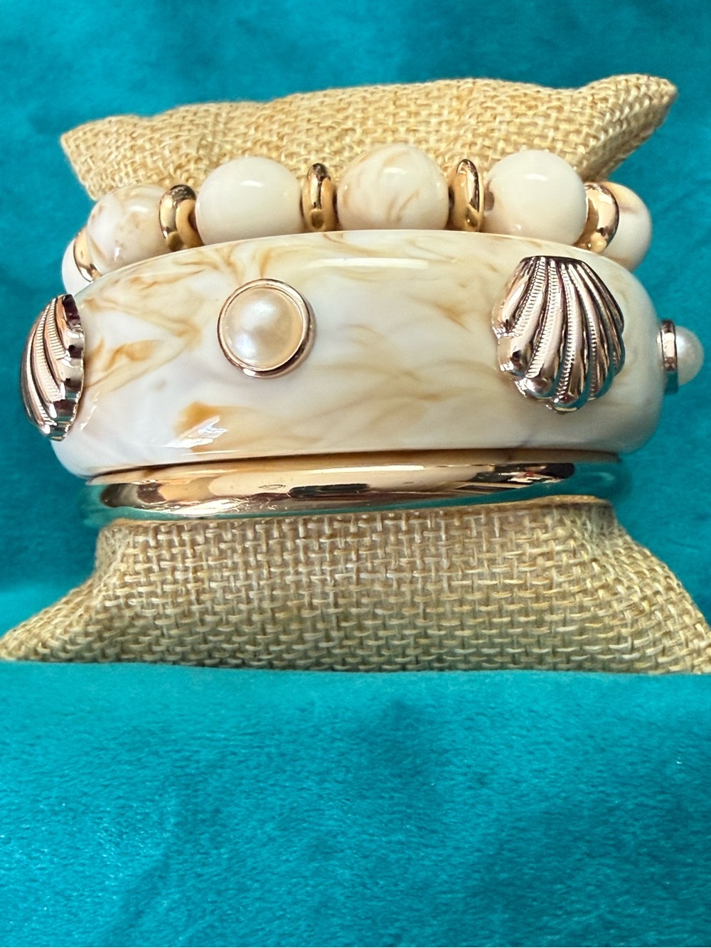Neutral Marble Stack Bracelet Set with Gold Pearl Accents NEW